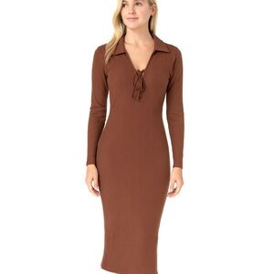 Lush ribbed Long-sleeve Collar Brown Maxi dress with side split, Size S,‎ NWT